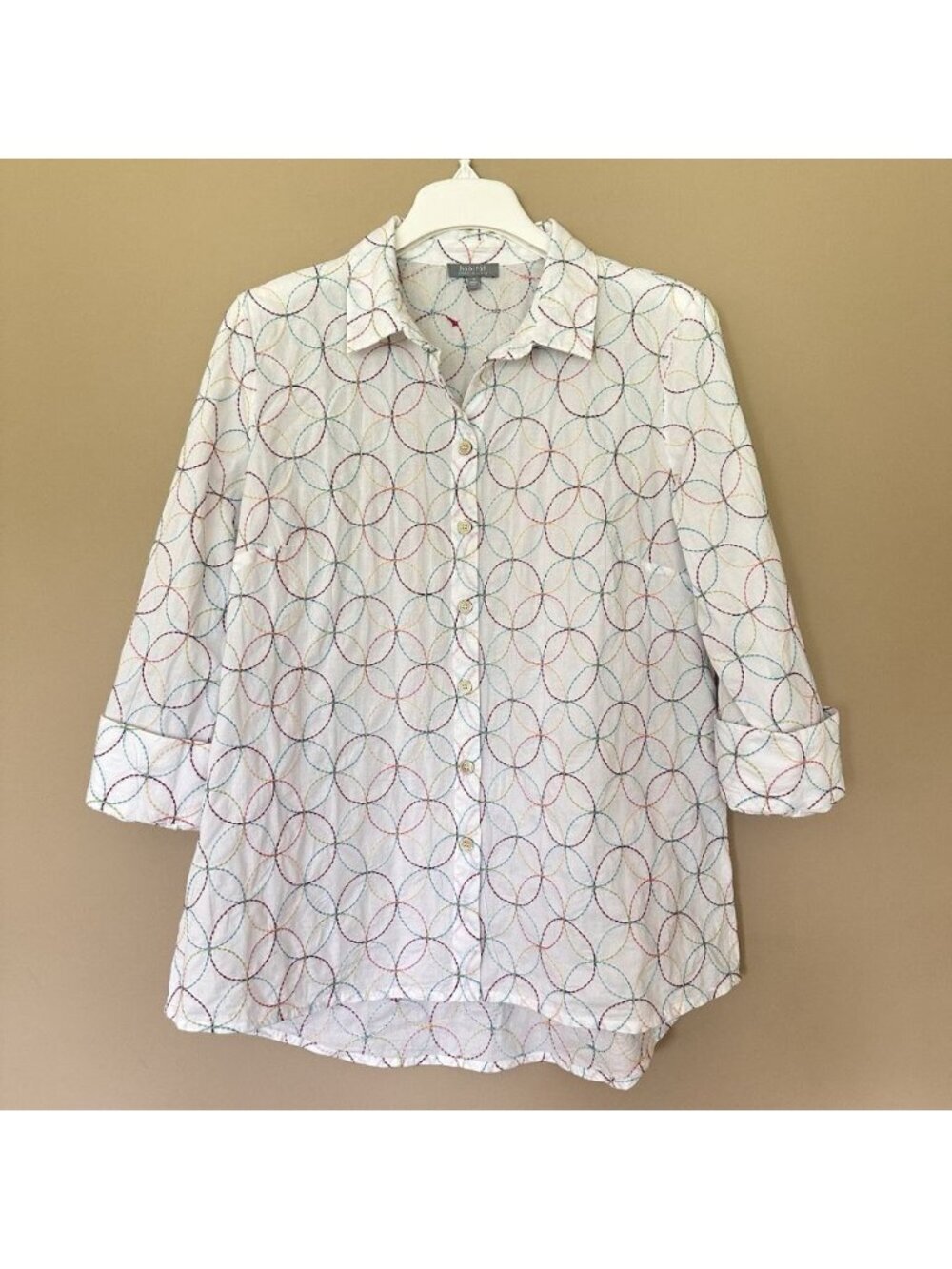 Habitat White Button Shirt Women M 3/4 Sleeve Embroidered Colorful Circles Offic